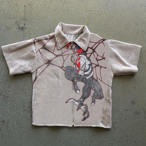 spider print tapestry zip short sleeve jacket