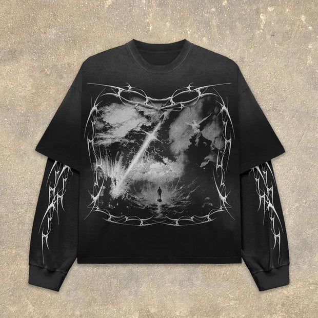 Fake Two Jesus Cross Print Long Sleeve T-Shirt