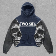 Skull Colorblock Print Vintage Hoodie