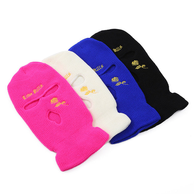Three-hole cap letter embroidery knitted hat windproof warm hip-hop mask outdoor riding headgear