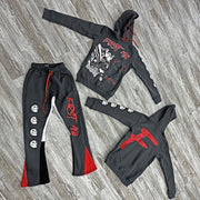 Stylish Retro Skull Print Hoodie Contrast Color Flare Pants Set