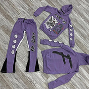 Stylish Retro Skull Print Hoodie Contrast Color Flare Pants Set