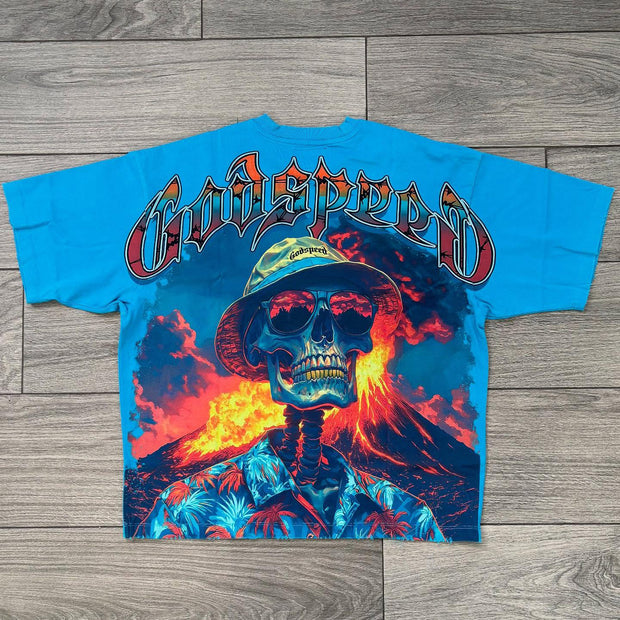 Volcano skull print short-sleeved T-shirt