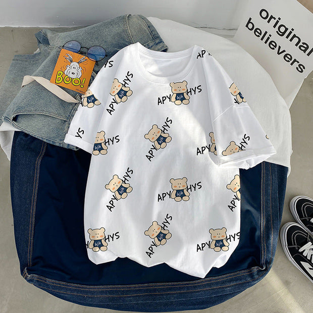 Loose casual bear print T-shirt