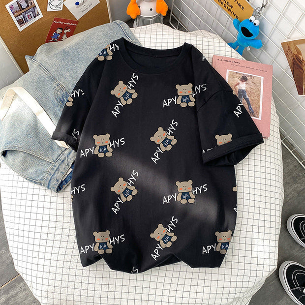 Loose casual bear print T-shirt