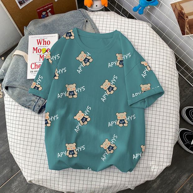 Loose casual bear print T-shirt