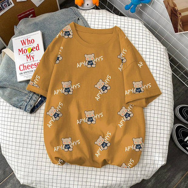 Loose casual bear print T-shirt