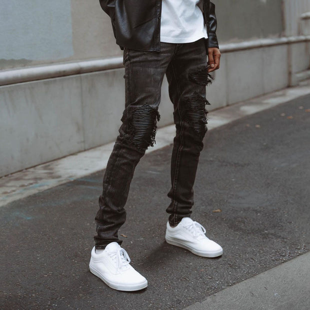Street hole heavy motorcycle stitching slim pencil pants