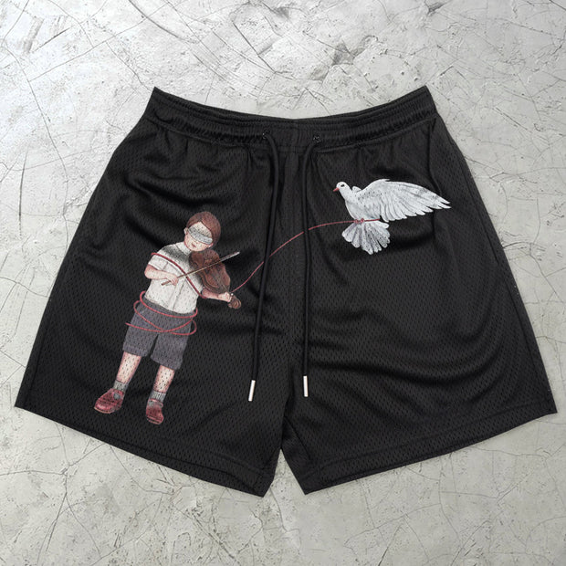 Vintage Art Print Casual Mesh Shorts