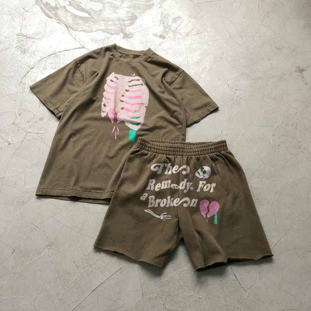 Personalized Funny Heart Skull Print Short Sleeve Suit