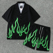Tide brand flame loose short-sleeved shirt shorts casual suit