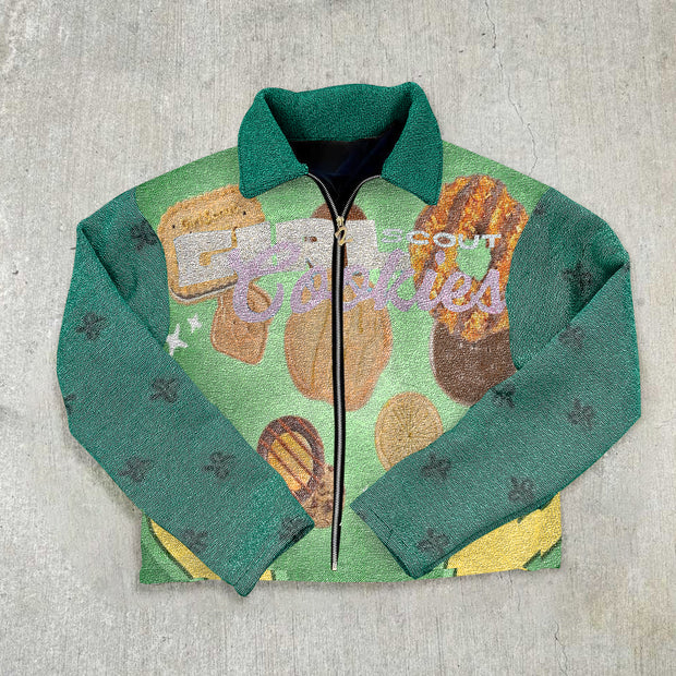 Biscuit Tapestry Lapel Zip-Up Jacket