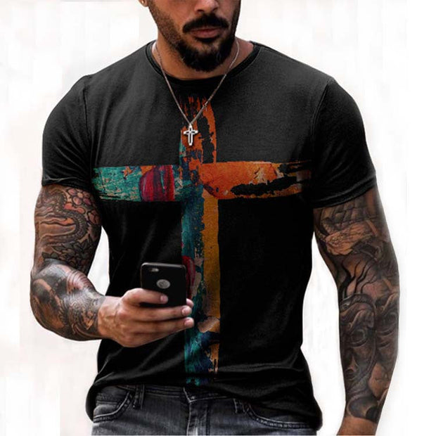 Fashion casual oil painting faith cross print casual T-shirt