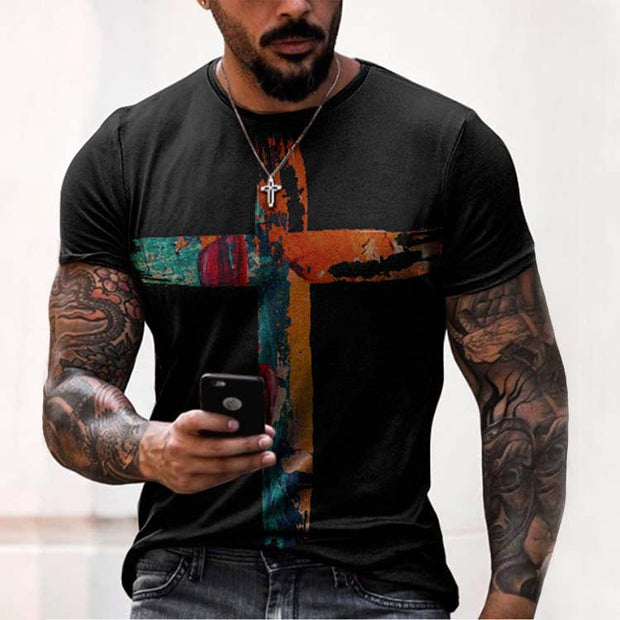 Fashion casual oil painting faith cross print casual T-shirt