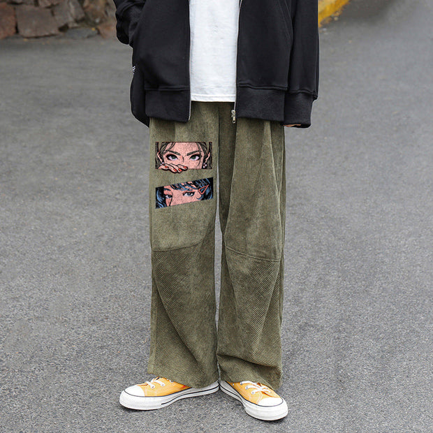 Full flower cartoon fashion printed corduroy street pants