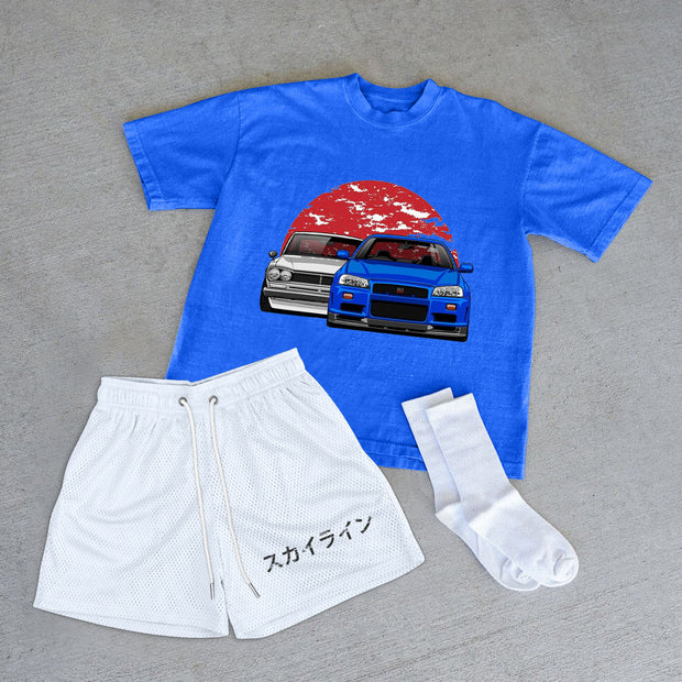 Fashion Preppy Car Print Short Sleeve Shorts Two-Piece Set
