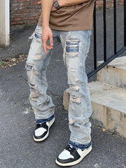 American retro old washed knife cut hole loose micro flared jeans