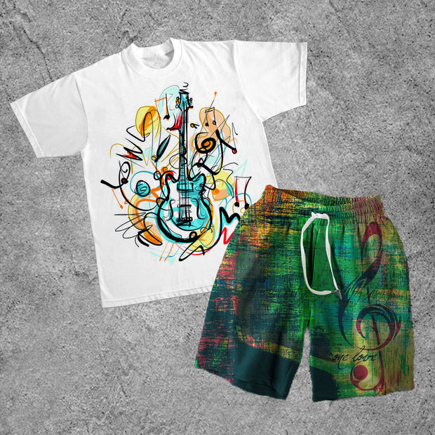 Street Fashion Music Themed Printed Short Sleeve Suit