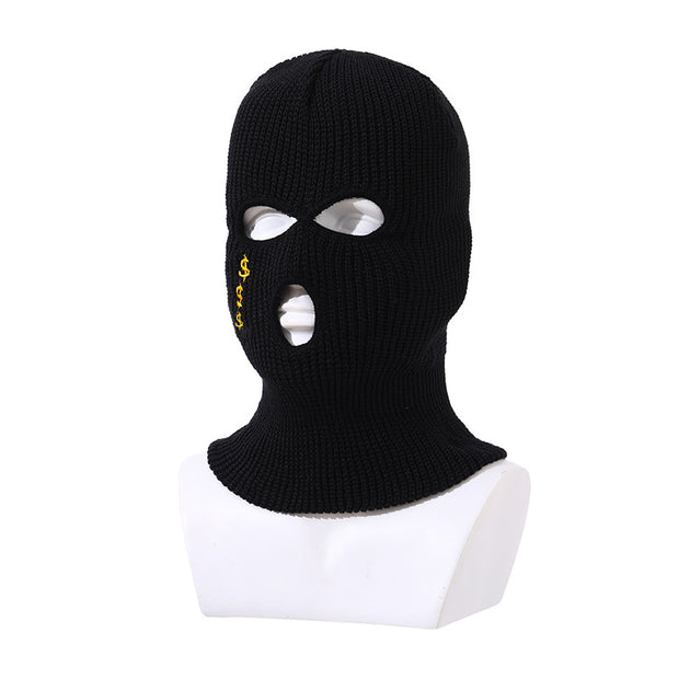 Embroidered balaclava knitted three-hole thermal hat outdoor riding ski mask hood