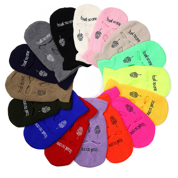 Embroidered warm letter wool hat outdoor windproof hip-hop mask head cover three-hole knitted hat