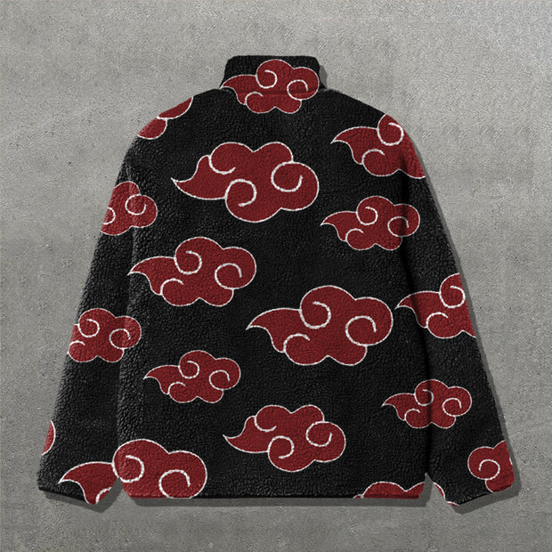 Clouds Print Long Sleeve Zipper Pocket Plush Coat