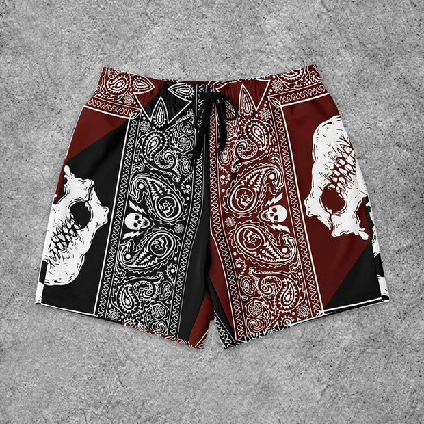 Street Skull Print Colorblock Shorts