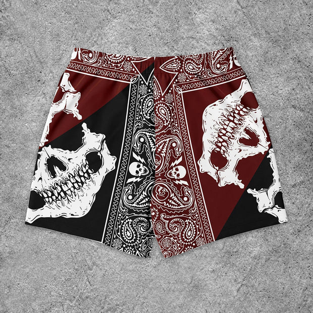 Street Skull Print Colorblock Shorts