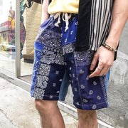 Cashew flower contrast straight-tube micro-elastic cotton shorts