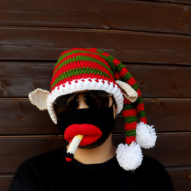 Winter funny Christmas hat new handmade crochet clown hat red lip mask two-piece holiday couple parent-child outfit