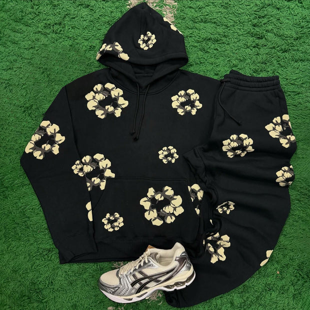 Fashion Plum Blossom Print Two Piece Hoodie Set
