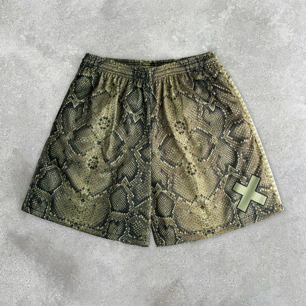 Stylish Vintage Snake Print Mesh Shorts