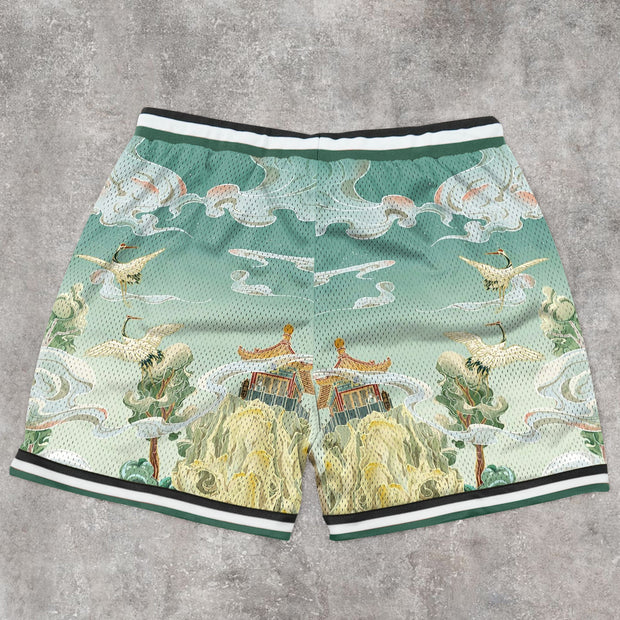 Art-inspired patterned mesh track shorts