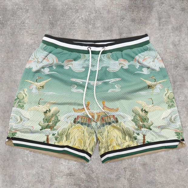 Art-inspired patterned mesh track shorts