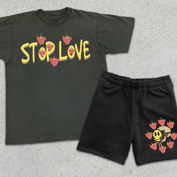 Heart Skull Smiley Print Short Sleeve Two Piece
