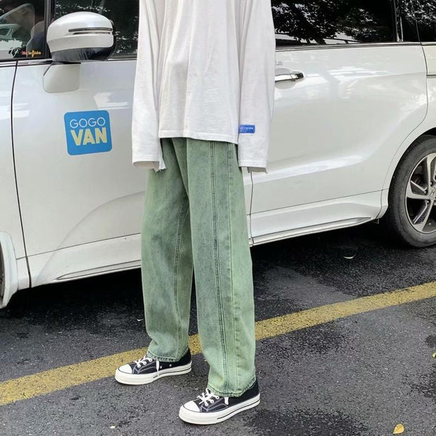 ins personality straight loose jeans men's trend casual wide-leg pants Japanese handsome long pants