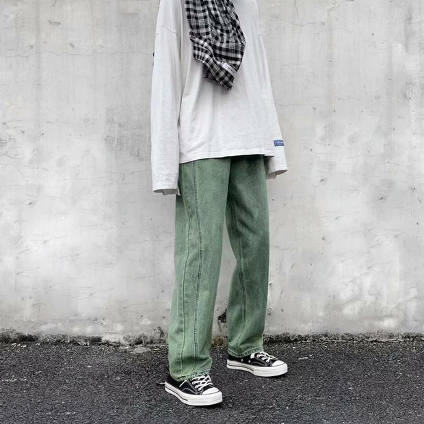 ins personality straight loose jeans men's trend casual wide-leg pants Japanese handsome long pants