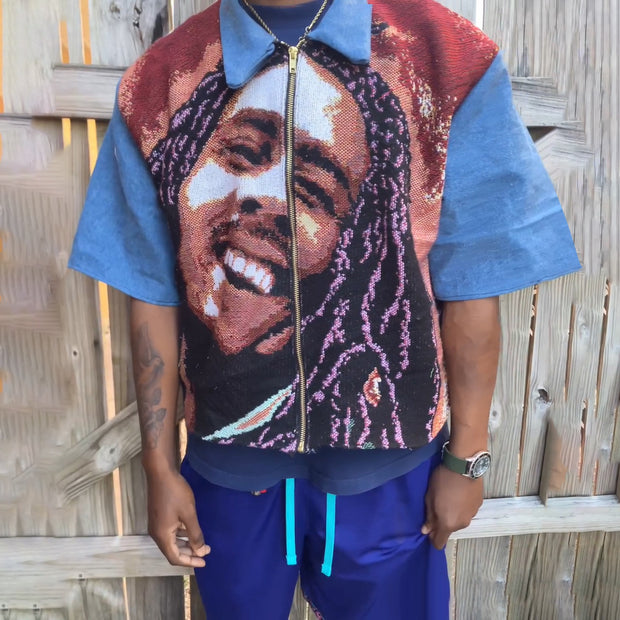 Street Color Block Tapestry Print Short Sleeve Zip-Up Jacket