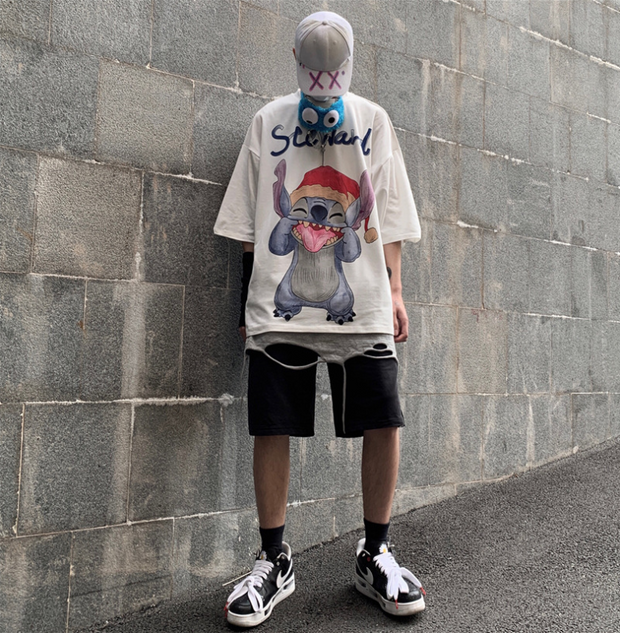 Street style cartoon print hip-hop loose short sleeve T-shirt