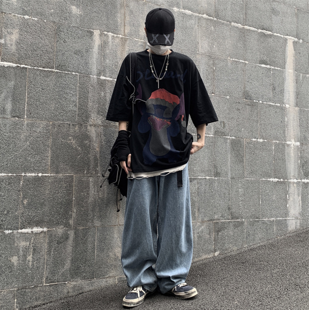 Street style cartoon print hip-hop loose short sleeve T-shirt