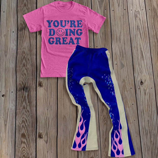 Personalized street style flame trousers letter T-shirt two-piece set