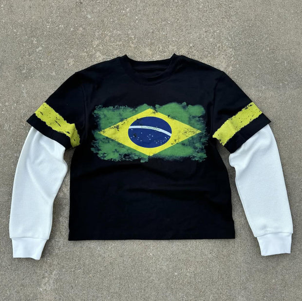 Fake Two Contrast Color Print Long Sleeve T-Shirt