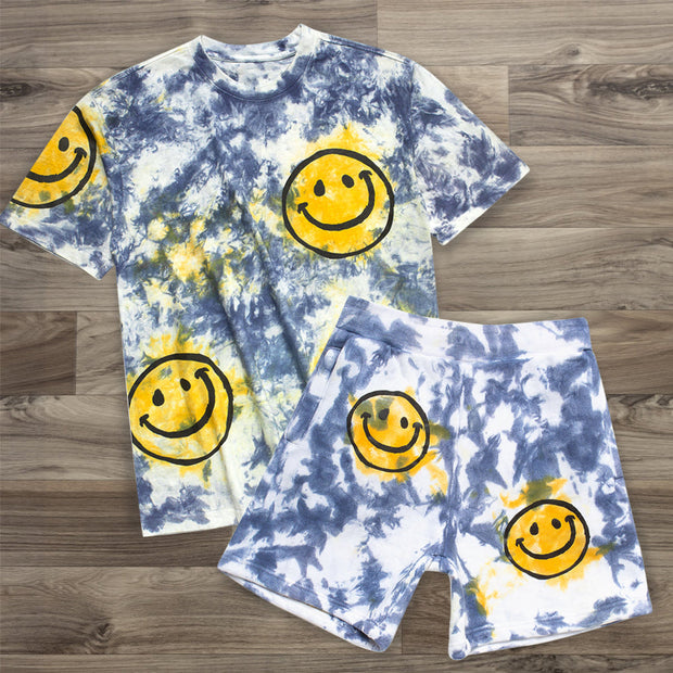 Trendy Tie Dye Smiley Print Short Sleeve Suit