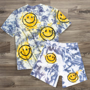 Trendy Tie Dye Smiley Print Short Sleeve Suit