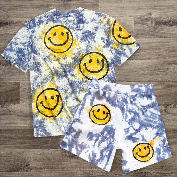 Trendy Tie Dye Smiley Print Short Sleeve Suit