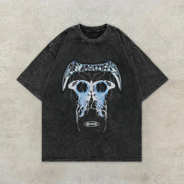 Vintage Abstract Butterfly Print Distressed Short Sleeve T-Shirt