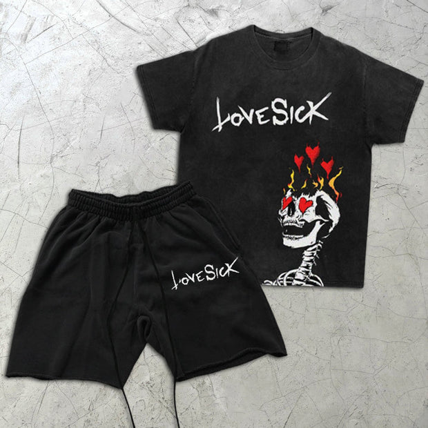 Skull Heart Print Short Sleeve Two Piece
