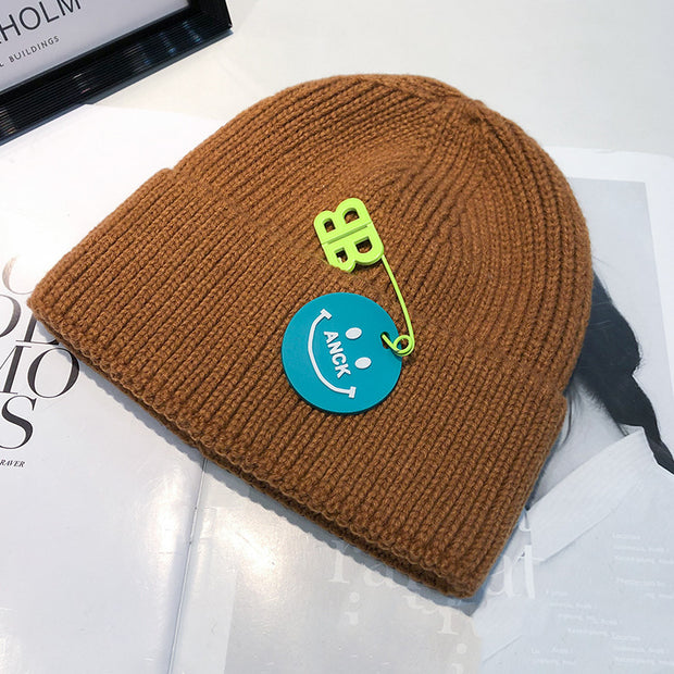 Fashion trend knitted hat female curled pin hip-hop smiley couple woolen hat winter warm hat male