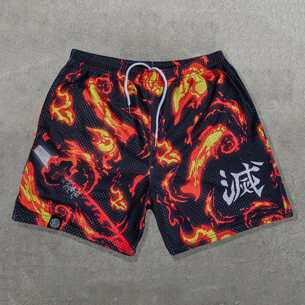Flame Minus Print Mesh Drawstring Shorts