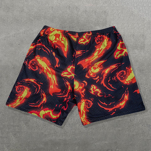 Flame Minus Print Mesh Drawstring Shorts