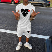 Funny Heart Print Short Sleeve Two Piece Set